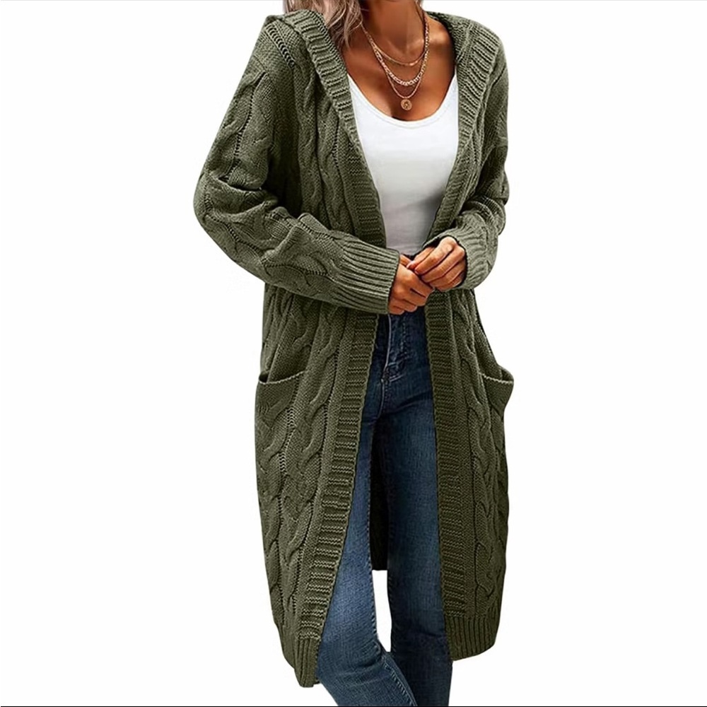 Long green cable knit cardigan